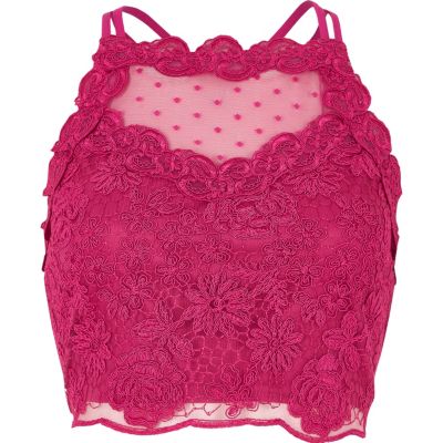 Pink lace mesh crop top